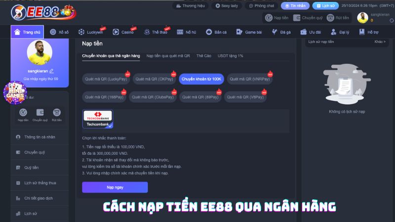 Cách nạp tiền EE88 qua ngân hàng